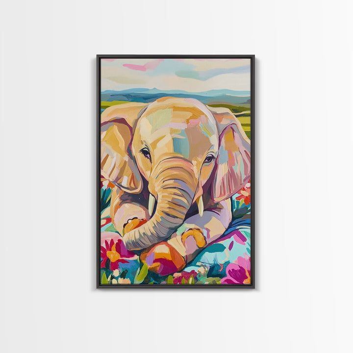 Baby Elephant With Flowers Canvas Print, Whimsical Animal Wall Art, Nursery Decor, Safari Nursery Art, Kids Room Decor, Gift