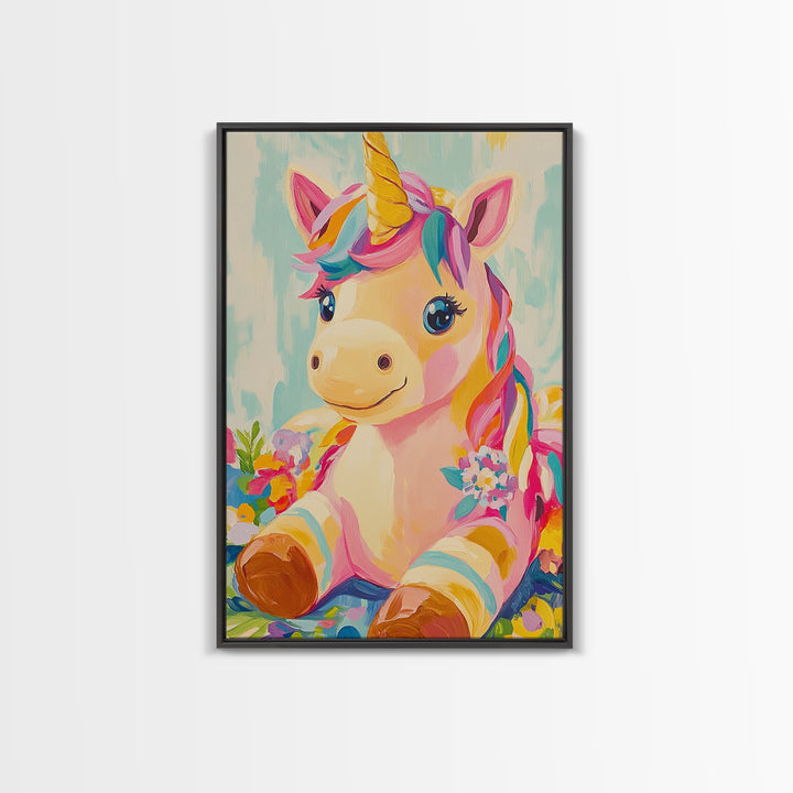 Cute Unicorn With Rainbow Mane Canvas Print, Whimsical Nursery Wall Art, Kids Room Decor, Baby Girl Nursery, Gift For Her
