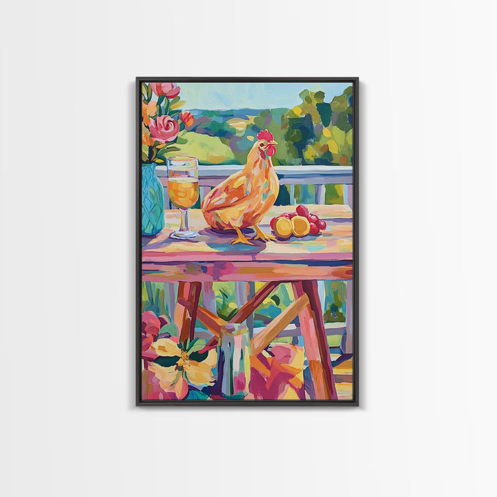 Sunny Chicken Patio Still Life Framed Canvas Print, Farmhouse Kitchen Wall Art, Country Decor, Wine And Fruit Housewarming Gift