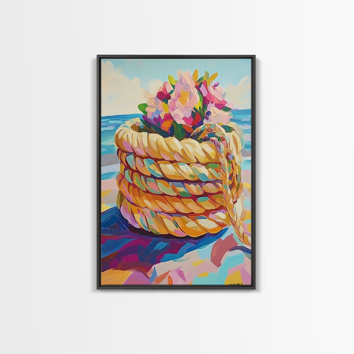 Rope Basket With Pink Beach Flowers Canvas Print, Coastal Wall Art, Beach House Decor, Tropical Ocean Living Room Decor Print