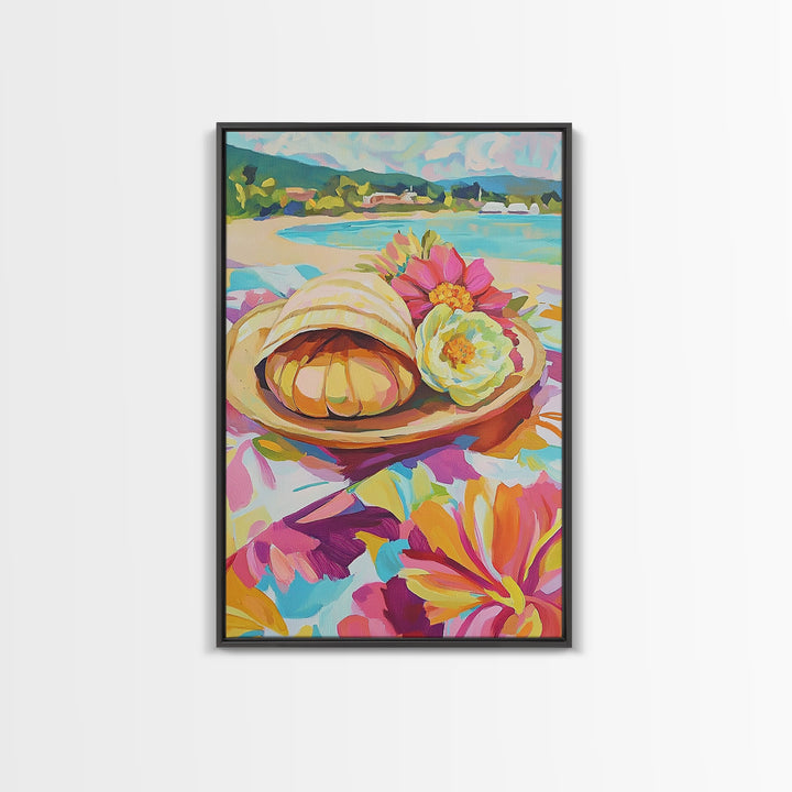 Scallop Shell And Pink Flowers By Turquoise Bay Canvas Print, Coastal Wall Art, Beach House Decor, Summer Kitchen Art, Gift For Her