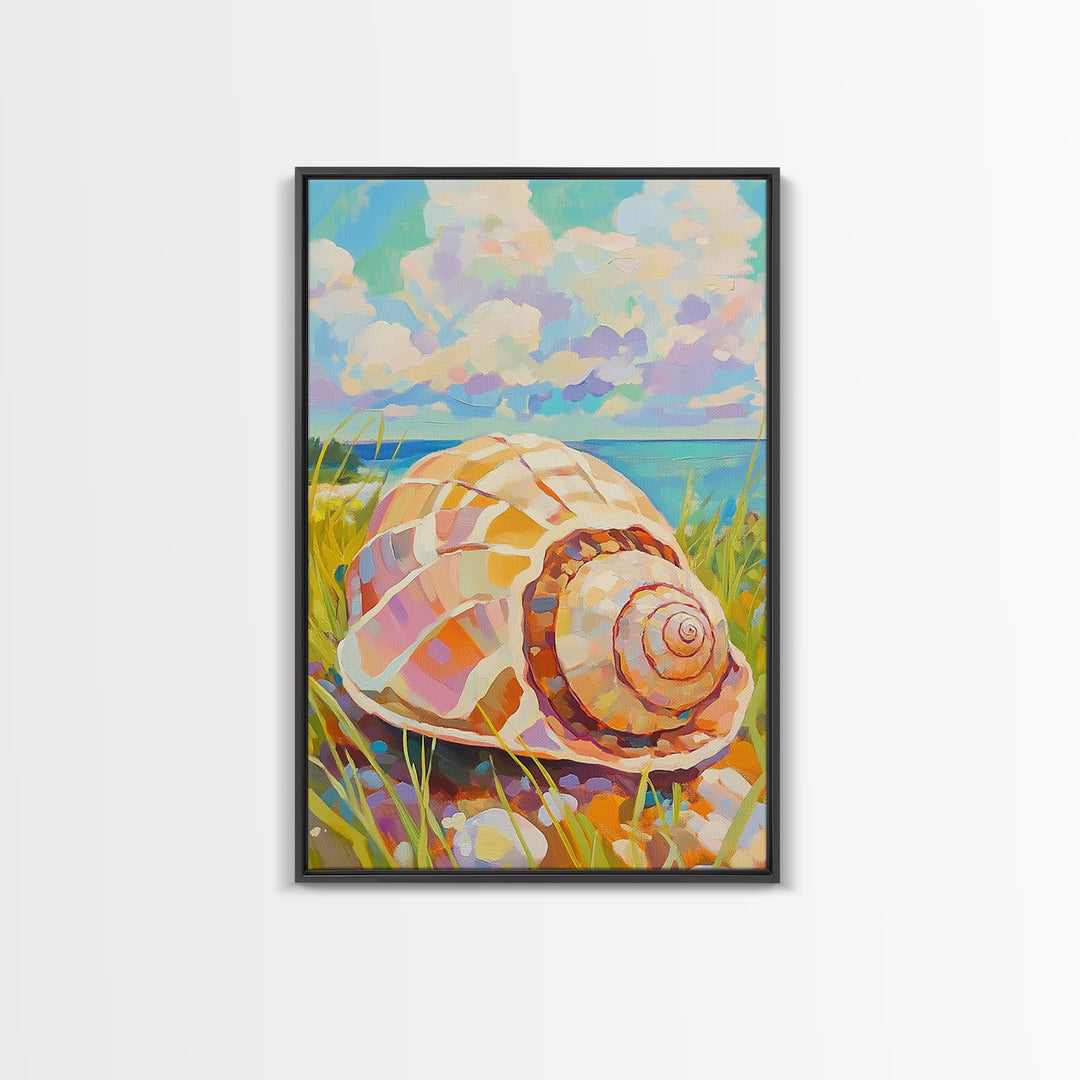 Pastel Conch Shell In Dune Grass Canvas Print, Coastal Wall Art, Beach House Decor, Ocean Wall Art, Summer Home Decor, Gift For Her