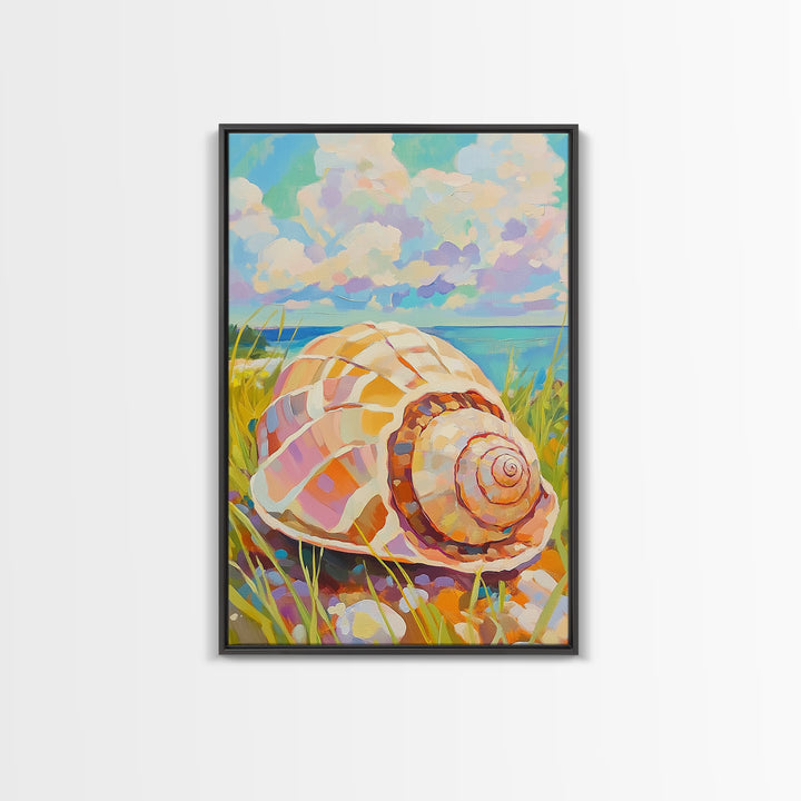 Pastel Conch Shell In Dune Grass Canvas Print, Coastal Wall Art, Beach House Decor, Ocean Wall Art, Summer Home Decor, Gift For Her