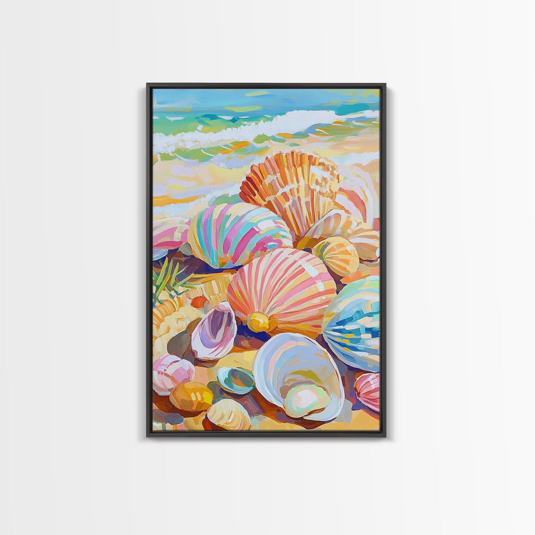 Pastel Seashells Scattered On Sunny Beach Framed Canvas Print, Coastal Wall Art, Ocean Wall Decor, Beach House Gift For Her