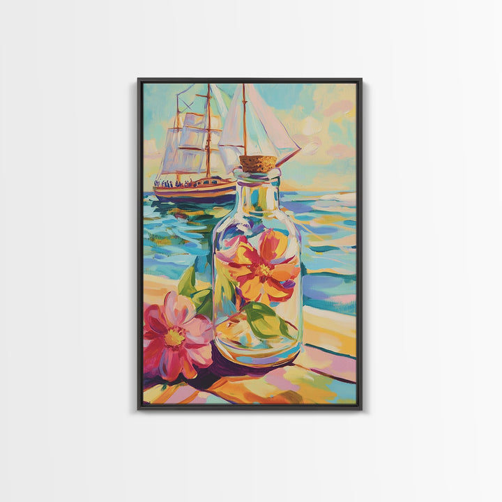 Sailboat And Flower In Glass Bottle Canvas Print, Nautical Wall Art, Coastal Wall Decor, Ocean Art, Beach House Decor, Gift For Her