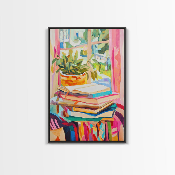 Stacked Books And Window Plant Wall Art, Cozy Reading Nook Decor, Book Lover Gift, Library Wall Art, Home Office Decor Print