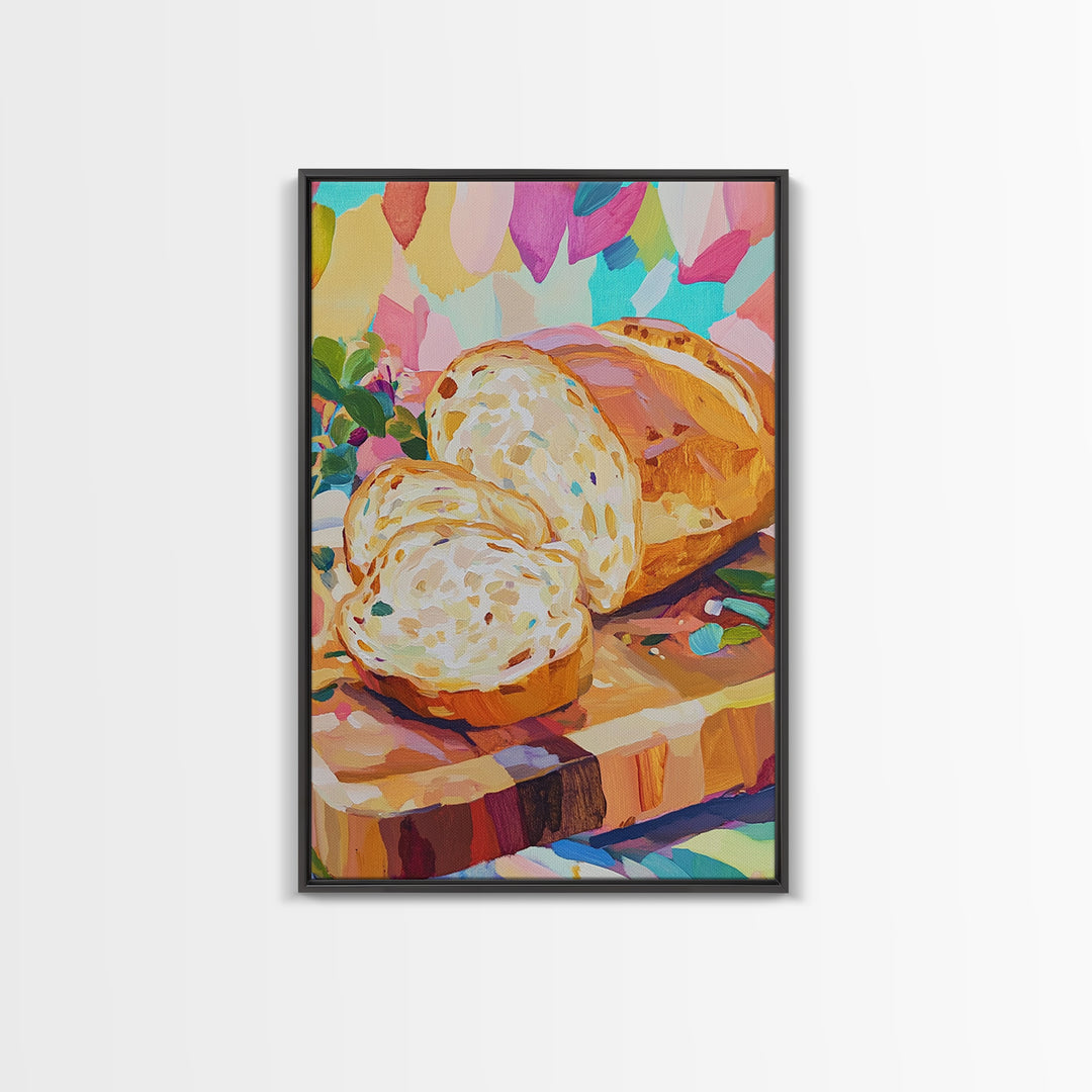 Sliced Artisan Bread On Wooden Board Canvas Print, Kitchen Wall Art, Food Illustration, Rustic Kitchen Decor, Gift For Baker
