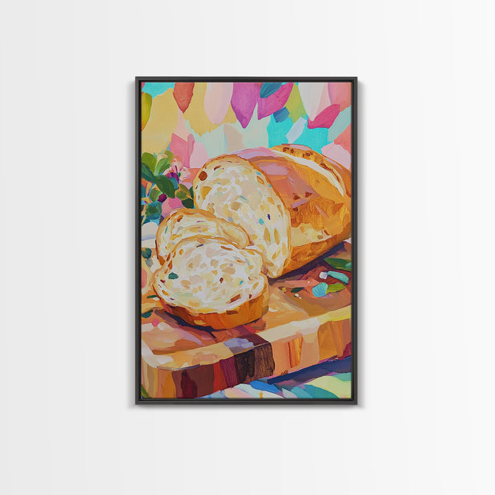 Sliced Artisan Bread On Wooden Board Canvas Print, Kitchen Wall Art, Food Illustration, Rustic Kitchen Decor, Gift For Baker