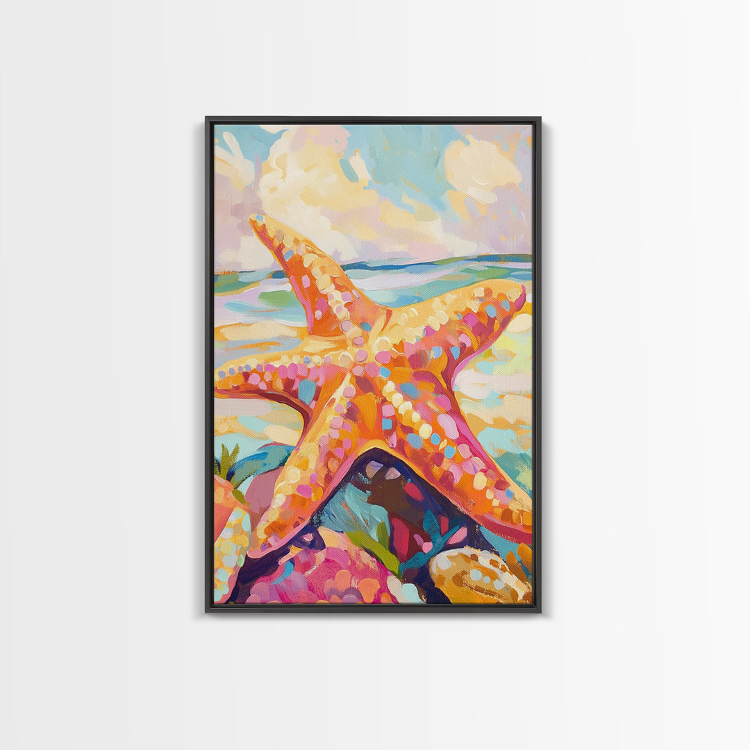 Bright Orange Starfish On Sunny Beach Wall Art, Coastal Canvas Print, Ocean Wall Decor, Beach House Gift, Tropical Art, Seaside Decor