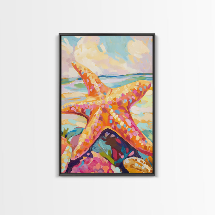 Bright Orange Starfish On Sunny Beach Wall Art, Coastal Canvas Print, Ocean Wall Decor, Beach House Gift, Tropical Art, Seaside Decor