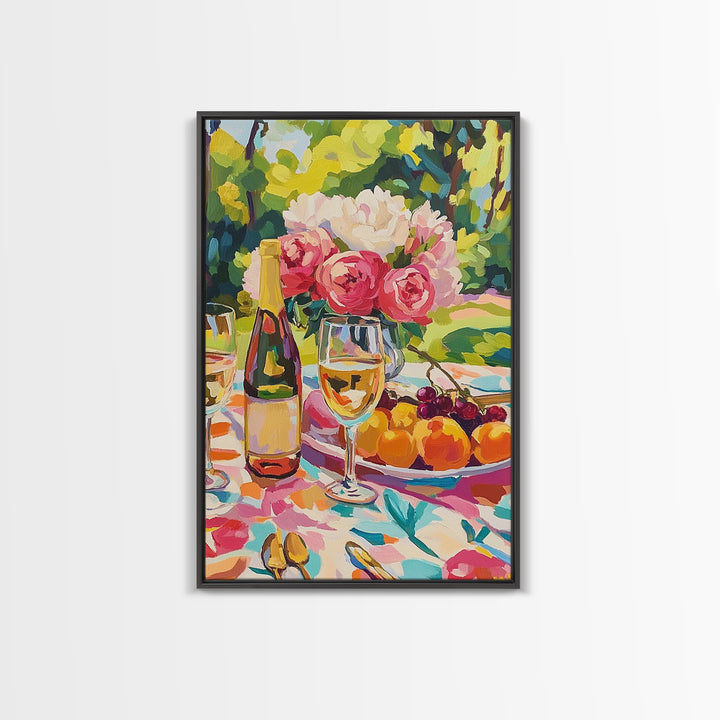 Garden Wine Still Life With Cherries Framed Canvas Print, Dining Room Wall Art, Floral Kitchen Decor, Wine Lover Gift, Hostess Gift