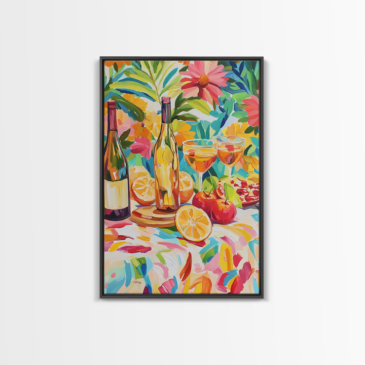 Garden Wine Bottles With Citrus Canvas Print, Colorful Kitchen Wall Art, Dining Room Decor, Wine Lover Housewarming Gift