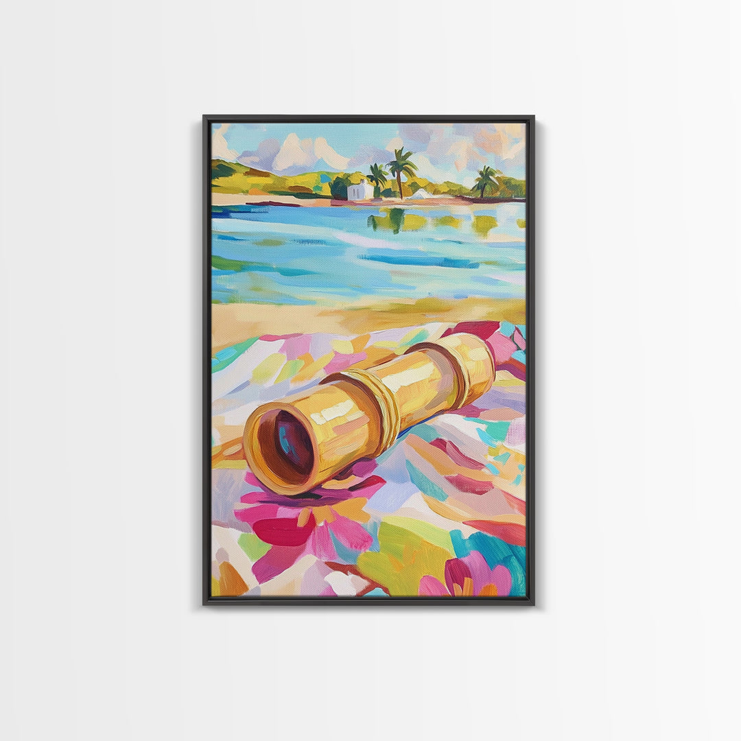 Brass Telescope On Tropical Beach Towel Wall Art, Colorful Coastal Canvas, Summer Travel Decor, Beach House Living Room Print