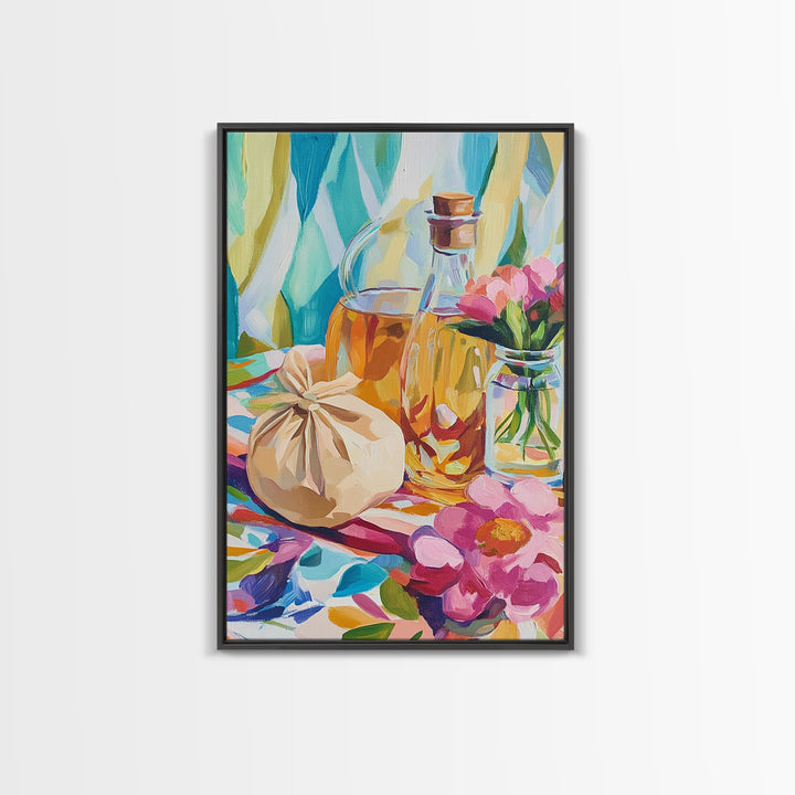 Olive Oil Bottles And Garlic Still Life Canvas Print, Colorful Kitchen Wall Art, Mediterranean Decor, Foodie Housewarming Gift