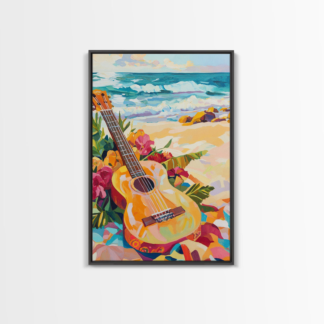 Tropical Guitar On Sunny Beach Canvas Print, Coastal Wall Art, Ocean Music Decor, Beach House Gift For Music Lover, Living Room Wall Art