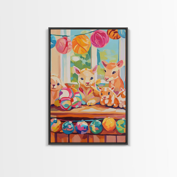 Pastel Nursery Farm Animal Toys Framed Canvas Print, Whimsical Animal Wall Art, Kids Room Decor, Baby Shower Gift, Nursery Decor