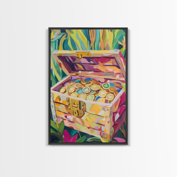 Jungle Treasure Chest Canvas Print, Gold Coin Adventure Wall Art, Tropical Home Decor, Safari Nursery Decor, Unique Gift