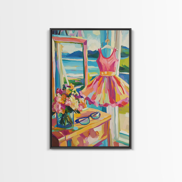 Pink Summer Dress By Lake Framed Canvas Print, Feminine Wall Art, Coastal Home Decor, Romantic Bedroom Art, Gift For Her
