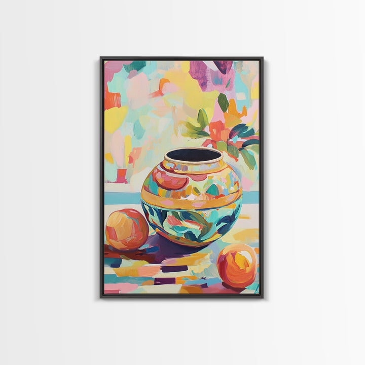Colorful Ceramic Vase Still Life Wall Art, Fruit And Flower Canvas Print, Eclectic Home Decor, Kitchen Art, Housewarming Gift