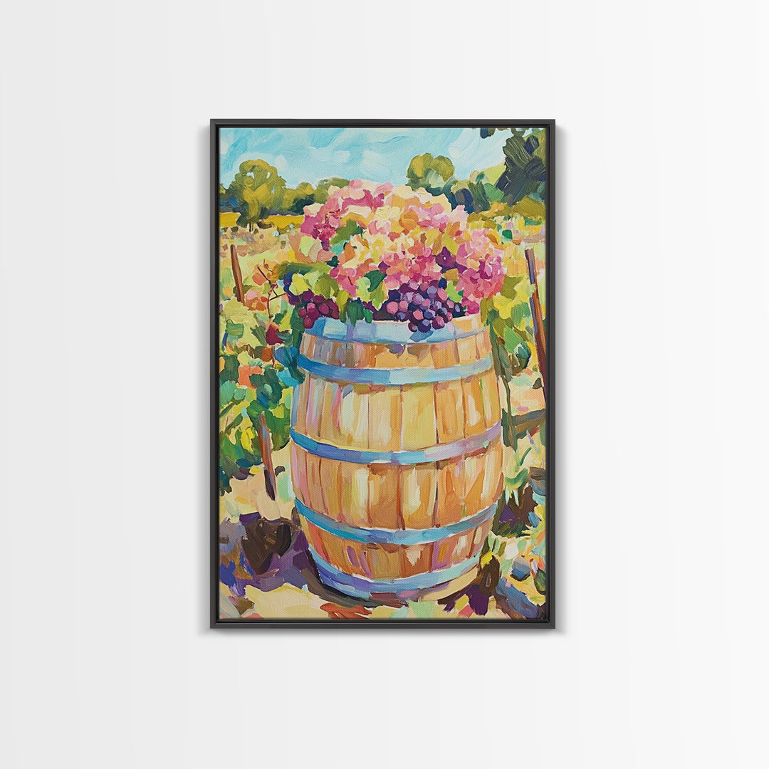 Wine Barrel With Grapes And Hydrangeas Framed Canvas Print, Vineyard Wall Art, Rustic Kitchen Decor, Wine Lover Gift, Home Decor