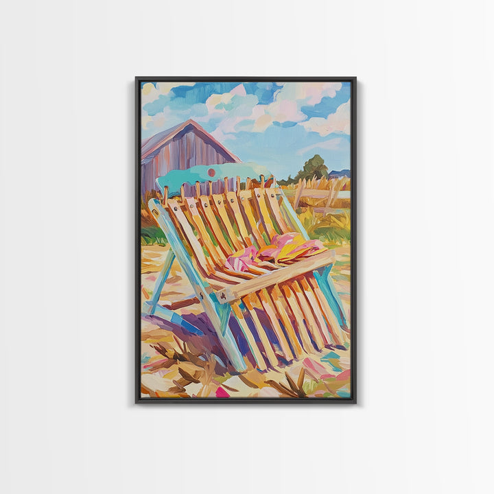 Striped Beach Chair By Rustic Barn Framed Canvas Print, Coastal Farmhouse Wall Art, Summer Patio Decor, Beach House Gift