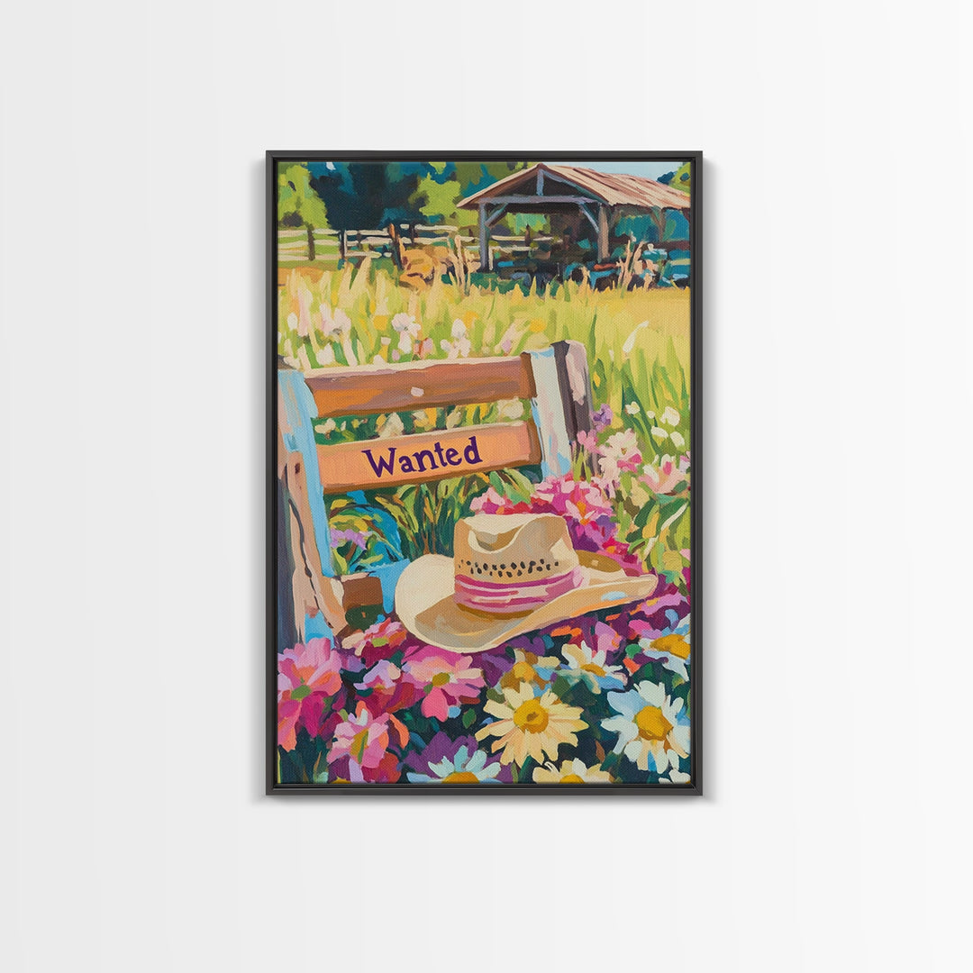 Cowboy Hat Wanted Bench Wall Art, Western Wildflower Farm Decor, Rustic Ranch Canvas Print, Country Housewarming Gift, Wall Decor