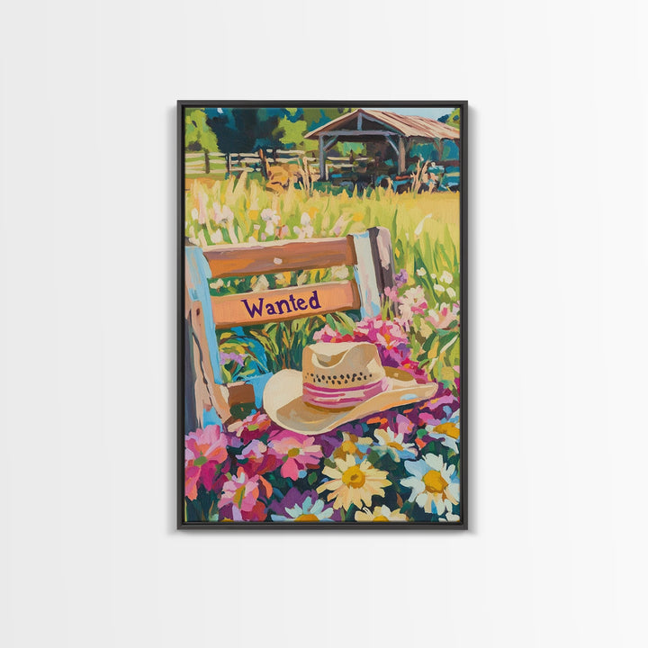 Cowboy Hat Wanted Bench Wall Art, Western Wildflower Farm Decor, Rustic Ranch Canvas Print, Country Housewarming Gift, Wall Decor