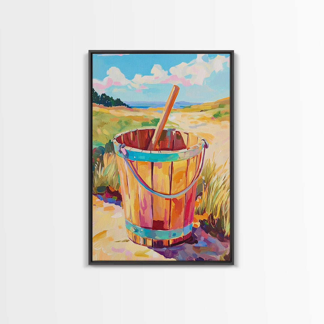 Wooden Beach Bucket And Dunes Wall Art, Coastal Canvas Print, Nautical Beach House Decor, Summer Seascape Gift, Ocean Wall Decor