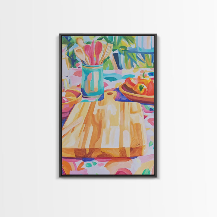 Sunlit Cutting Board Kitchen Wall Art, Colorful Tomato Still Life Canvas Print, Farmhouse Kitchen Decor, Food Lover Gift