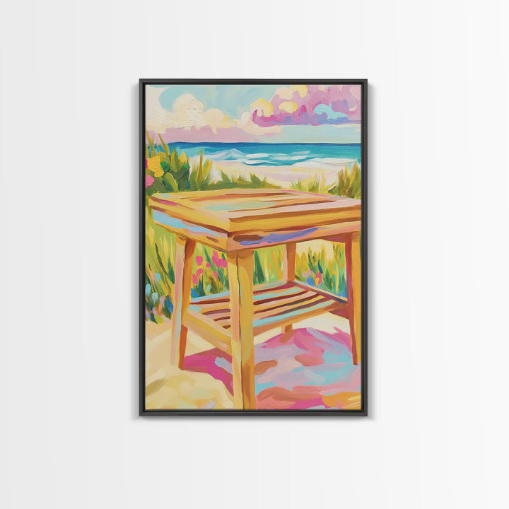 Sunny Beachside Wooden Table Canvas Print, Coastal Wall Art, Ocean Landscape Decor, Beach House Decor, Housewarming Gift