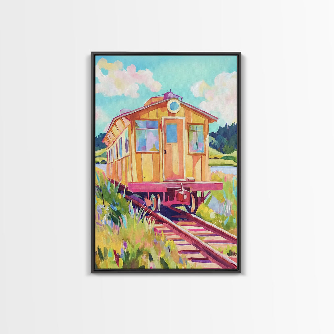 Yellow Railcar On Meadow Tracks Wall Art, Whimsical Travel Poster, Colorful Landscape Canvas Print, Eclectic Home Decor Gift