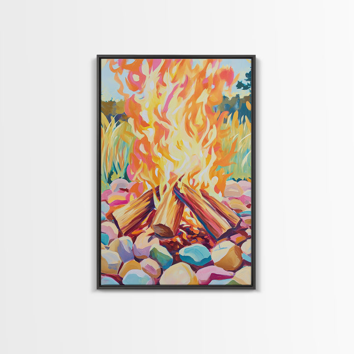 Vibrant Campfire With Painted River Stones Canvas Print, Cozy Wall Art, Cabin Decor, Rustic Outdoor Home Decor Gift For Him
