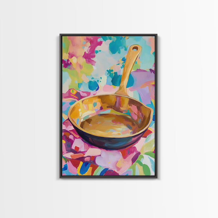 Golden Skillet Pan On Bright Cloth Canvas Print, Colorful Kitchen Wall Art, Foodie Home Decor, Housewarming Gift, Art Print