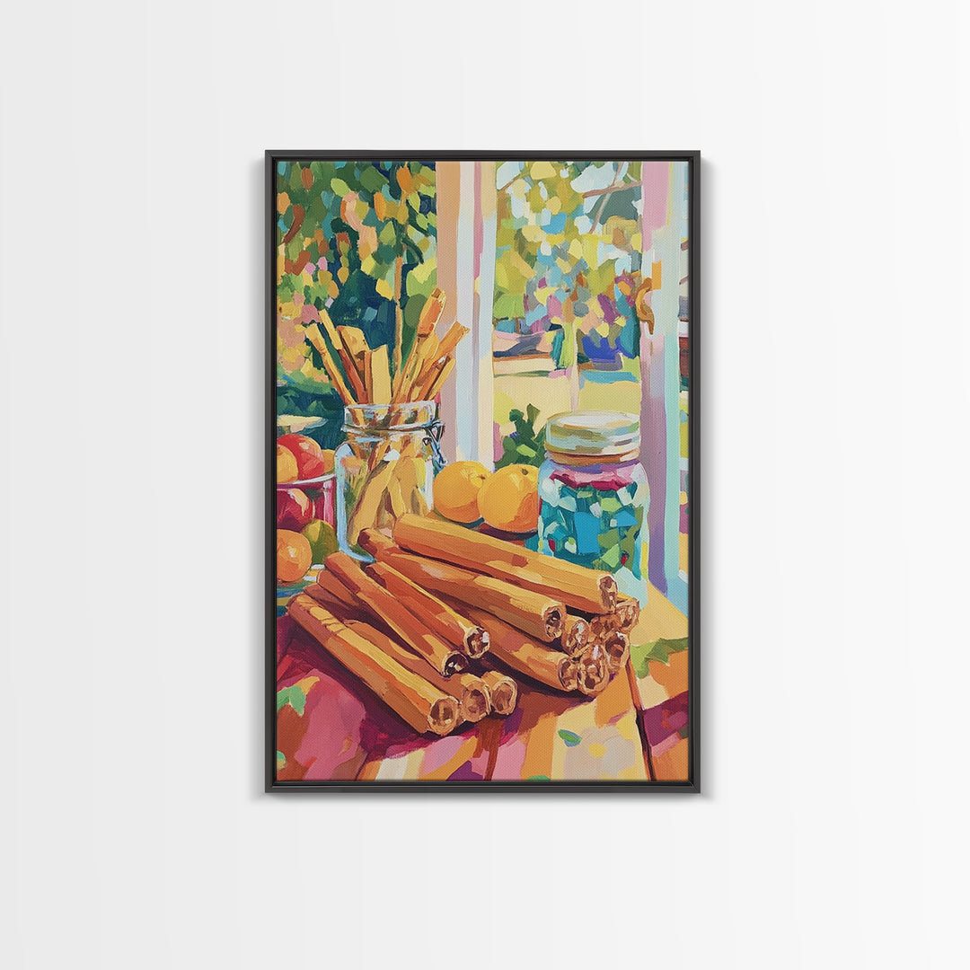 Cinnamon Sticks By Sunny Window Canvas Print, Colorful Kitchen Wall Art, Rustic Farmhouse Decor, Cozy Foodie Housewarming Gift