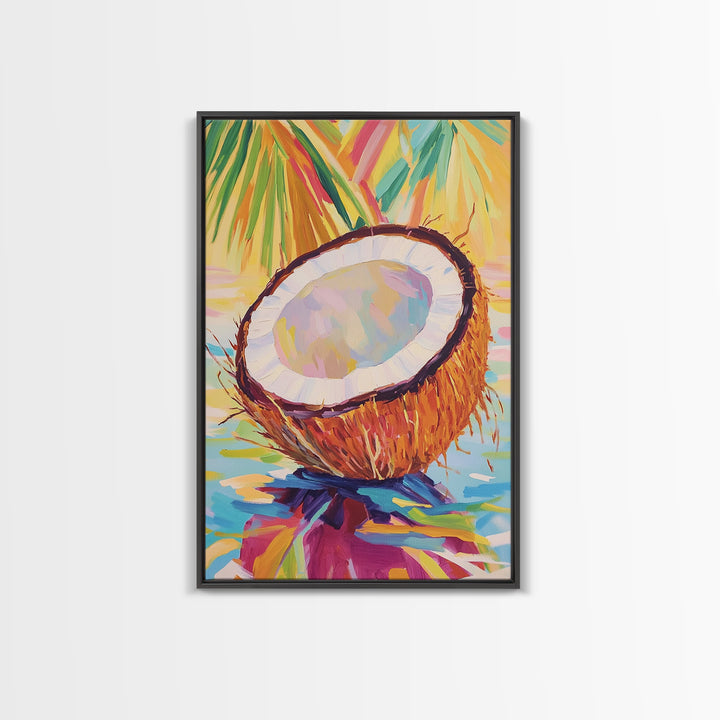 Tropical Coconut Half With Palm Leaves Canvas Print, Coastal Wall Art, Beach House Decor, Colorful Kitchen Art, Summer Gift