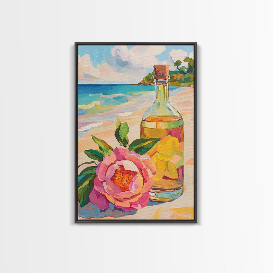 Beach Flower And Glass Bottle Canvas Print, Coastal Wall Art, Tropical Home Decor, Ocean Wall Decor, Summer Kitchen Art Print
