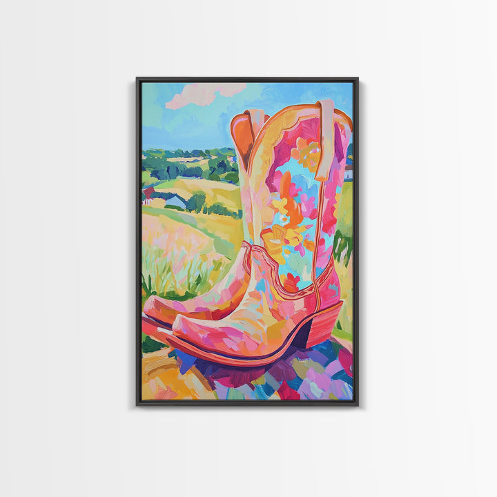 Pink Floral Cowboy Boots Canvas Print, Western Wall Art, Cowgirl Decor, Country Landscape Art Print, Bright Gift For Her