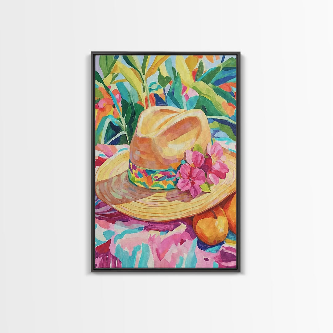 Straw Sun Hat With Pink Flowers Canvas Print, Tropical Wall Art, Coastal Cowgirl Decor, Summer Home Decor Art Gift For Her