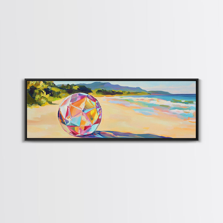 Prismatic Beach Ball On Tropical Shore Canvas Print, Coastal Wall Art, Beach House Decor, Ocean Wall Decor, Summer Vibes