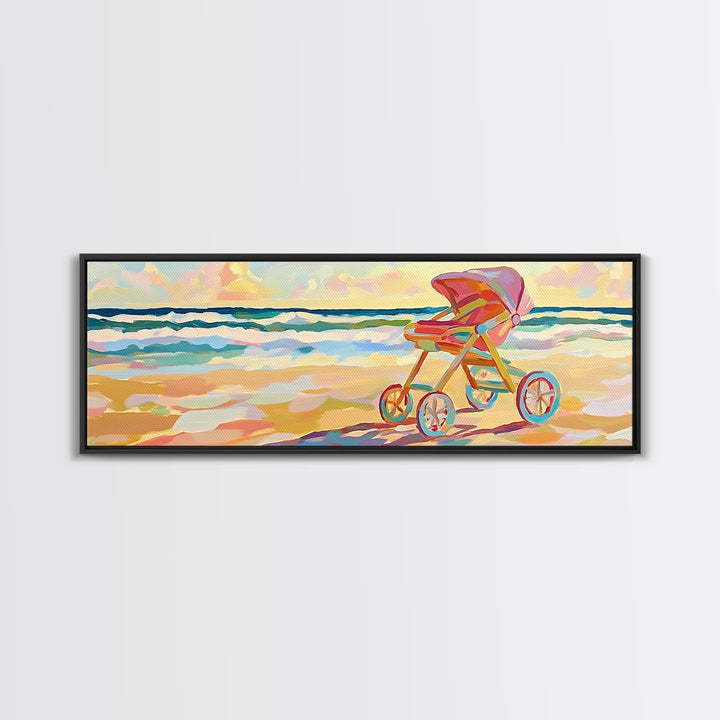 Pink Baby Stroller On Sunny Beach Wall Art, Coastal Nursery Decor, Ocean Canvas Print, Baby Shower Gift For Girl, Beach House Decor