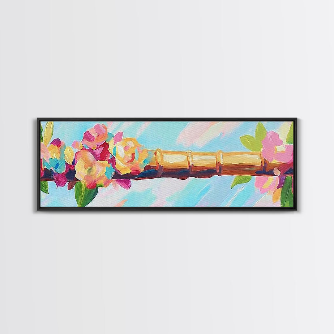 Pink Flowers On Gold Bamboo Rod Canvas Print, Feminine Wall Art, Floral Wall Decor, Chinoiserie Inspired Home Decor Gift