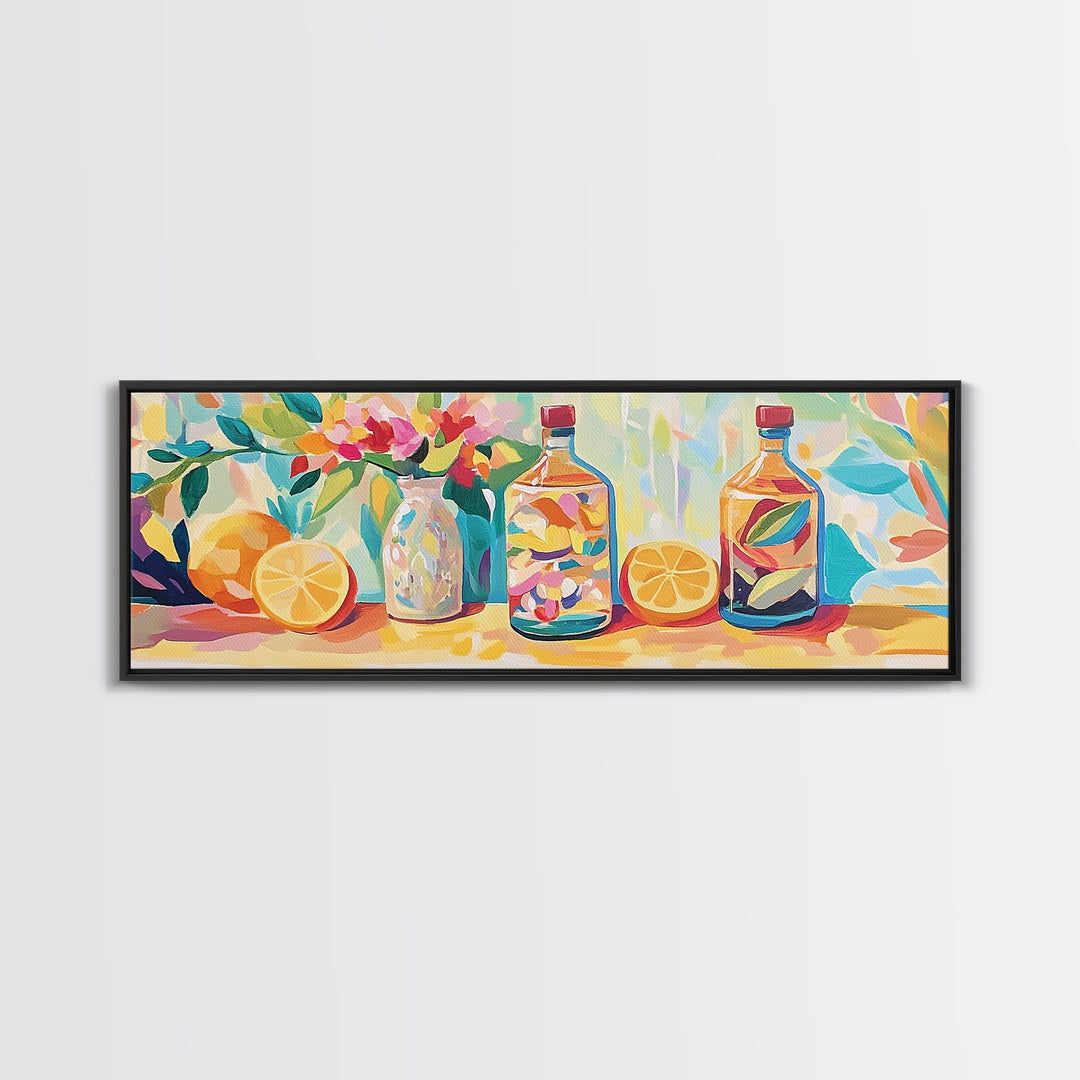 Lemon Bottles And Pink Flowers Framed Canvas Print, Kitchen Wall Art, Colorful Still Life, Modern Dining Room Decor, Housewarming Gift