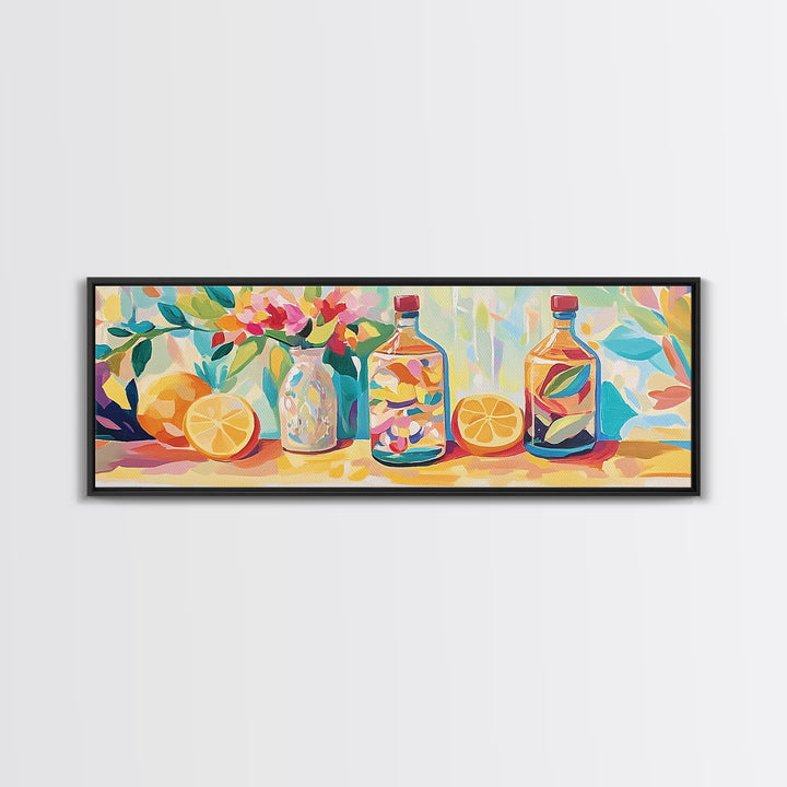 Lemon Bottles And Pink Flowers Framed Canvas Print, Kitchen Wall Art, Colorful Still Life, Modern Dining Room Decor, Housewarming Gift