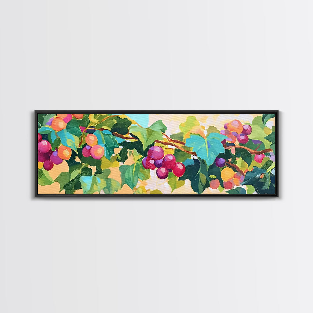 Sunlit Grapevine With Purple Grapes Canvas Print, Vineyard Wall Art, Kitchen Decor, Winery Gift, Dining Room Print, Colorful Nature Art