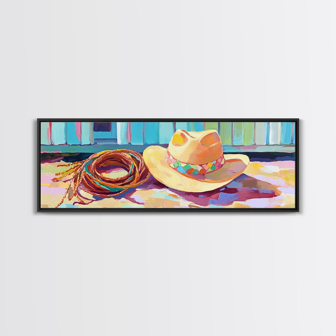 Western Cowboy Hat And Lasso On Sunlit Porch Wall Art, Rustic Western Decor, Farmhouse Canvas Print For Man Cave Home Decor Gift