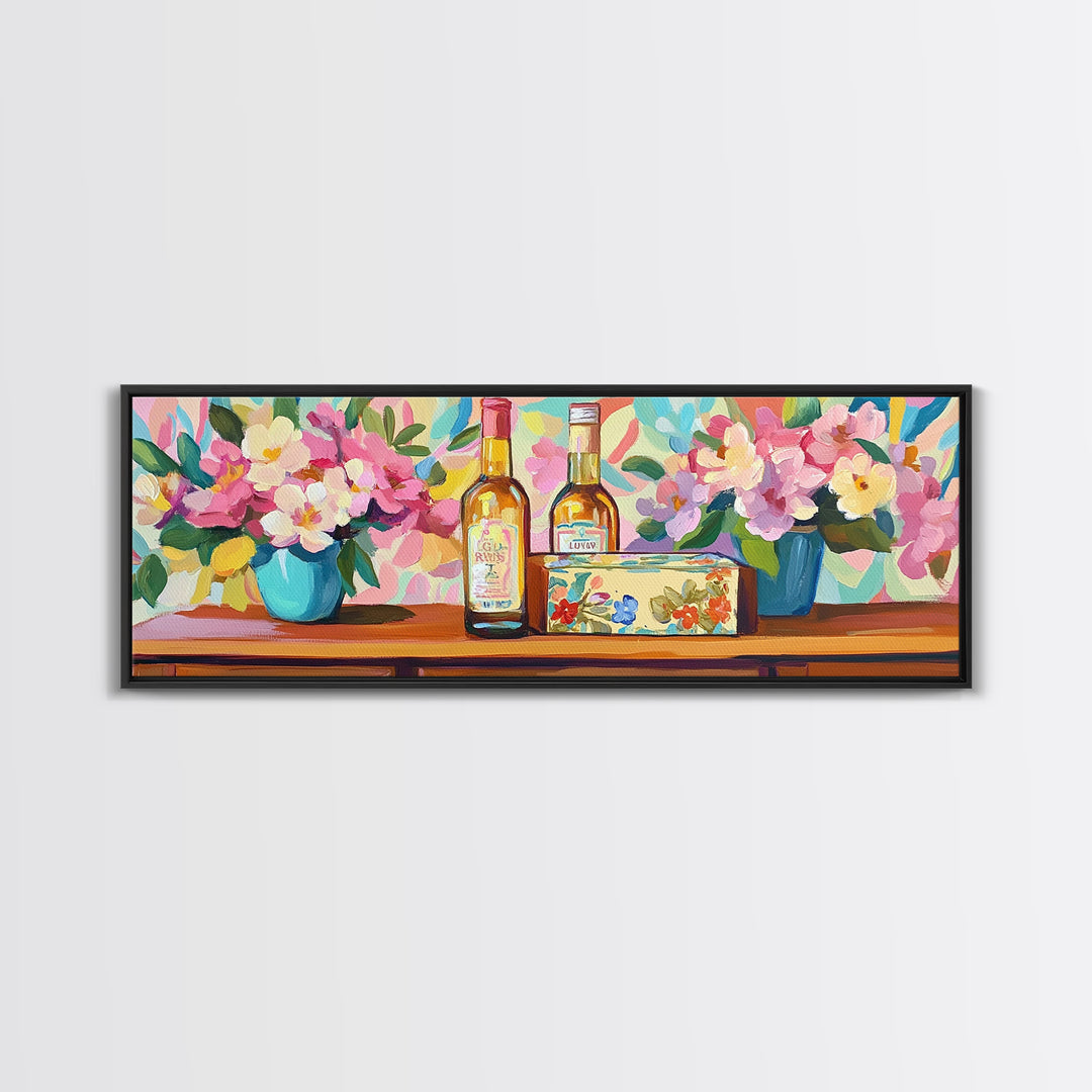 Wine Bottles And Pink Flowers Canvas Print, French Country Kitchen Decor, Winery Wall Art, Dining Room Prints, Gift For Her