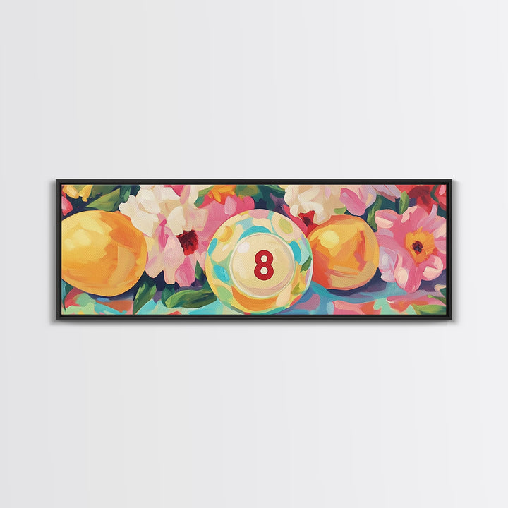 Pool Eight Ball With Pink Flowers Canvas Print, Retro Game Room Art, Billiards Wall Art, Man Cave Decor, Gift For Him Poster