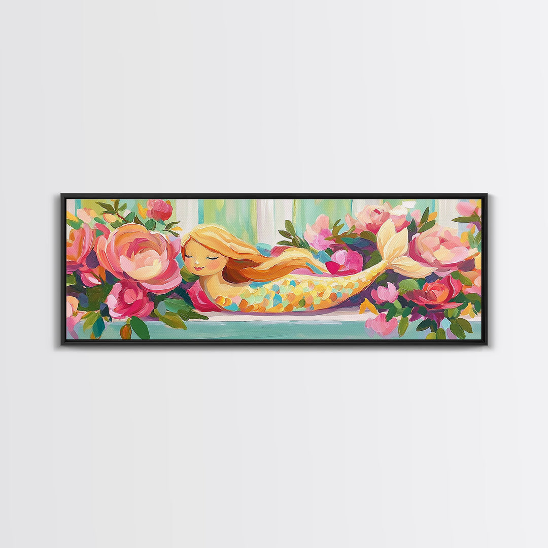 Sleeping Mermaid In Rose Garden Canvas Print, Whimsical Floral Wall Art, Girls Room Decor, Nursery Wall Art, Fantasy Gift