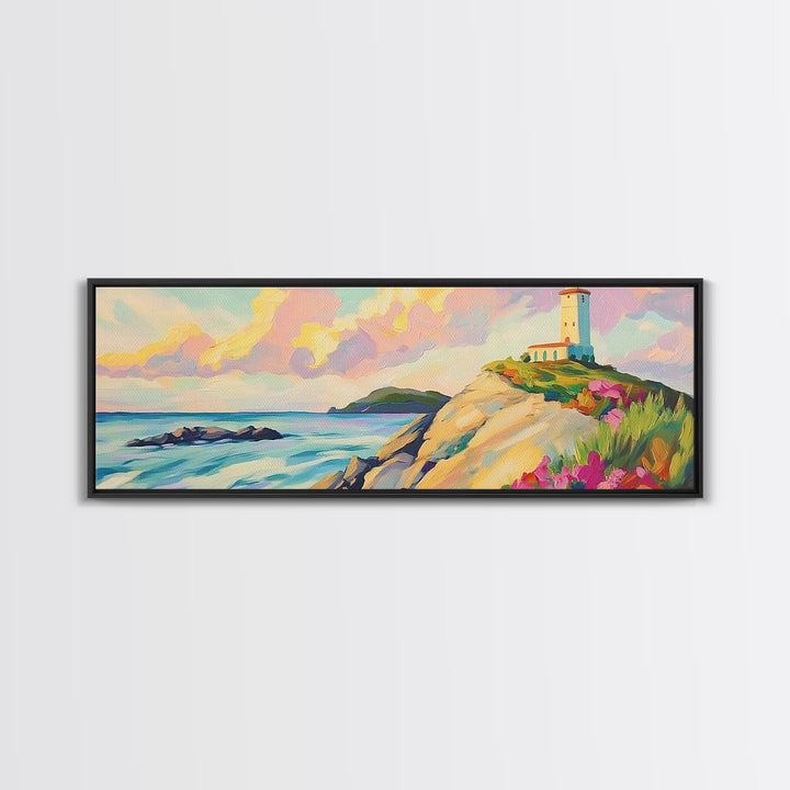 Pastel Lighthouse On Rocky Coast Canvas Print, Coastal Wall Art, Beach House Decor, Ocean Landscape, Nautical Living Room Art