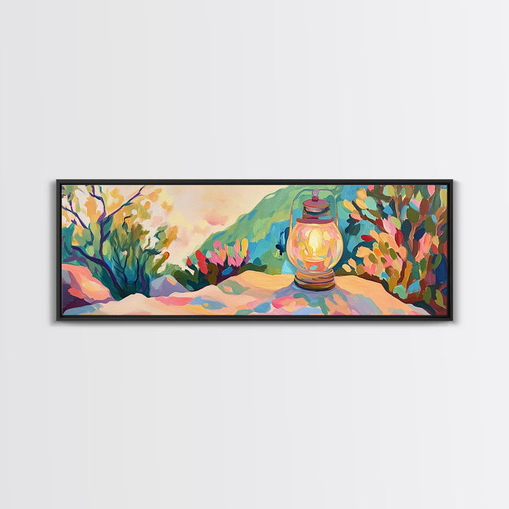 Glowing Lantern Mountain Landscape Canvas Print, Cozy Wall Art, Rustic Nature Decor, Cabin Living Room Art Print Housewarming Gift